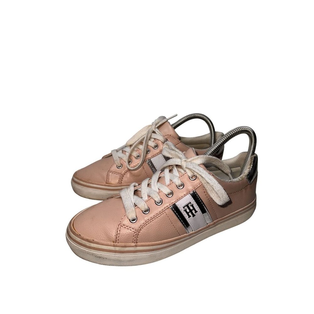 Tommy Hilfiger Womens Pink Leather Sneakers With White Laces & Metallic Accents - Picture 7 of 10
